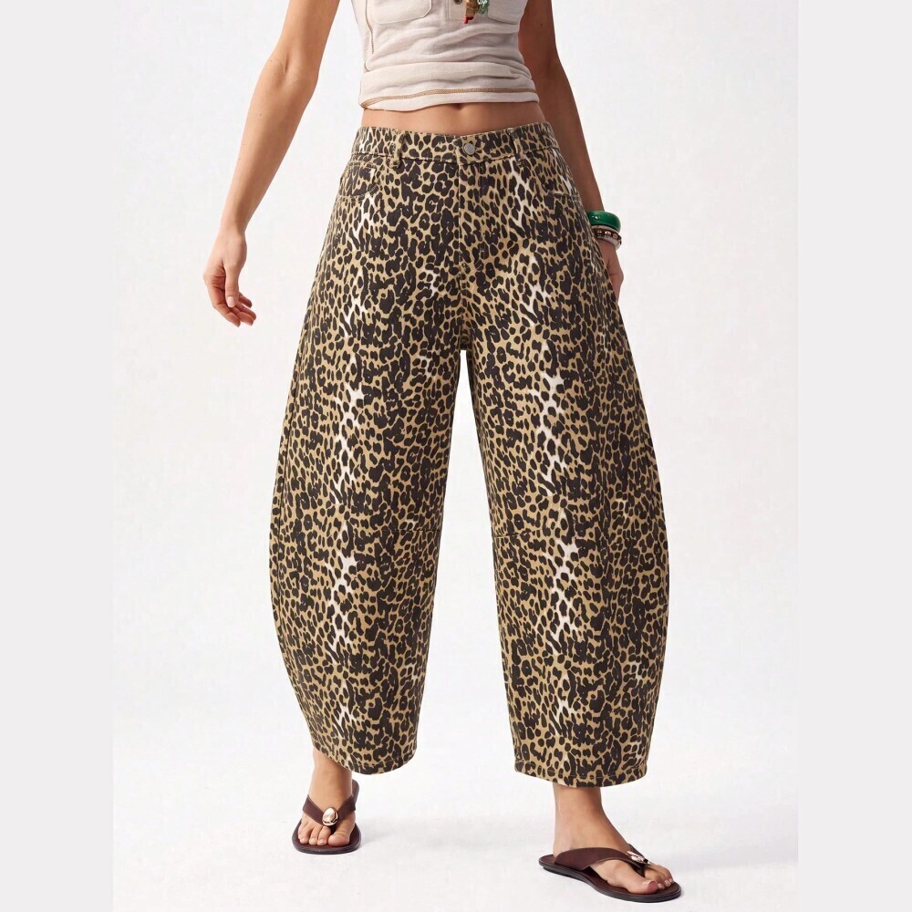 Tan Leopard Print Denim High Rise Cropped Wide Barrel Leg Jeans